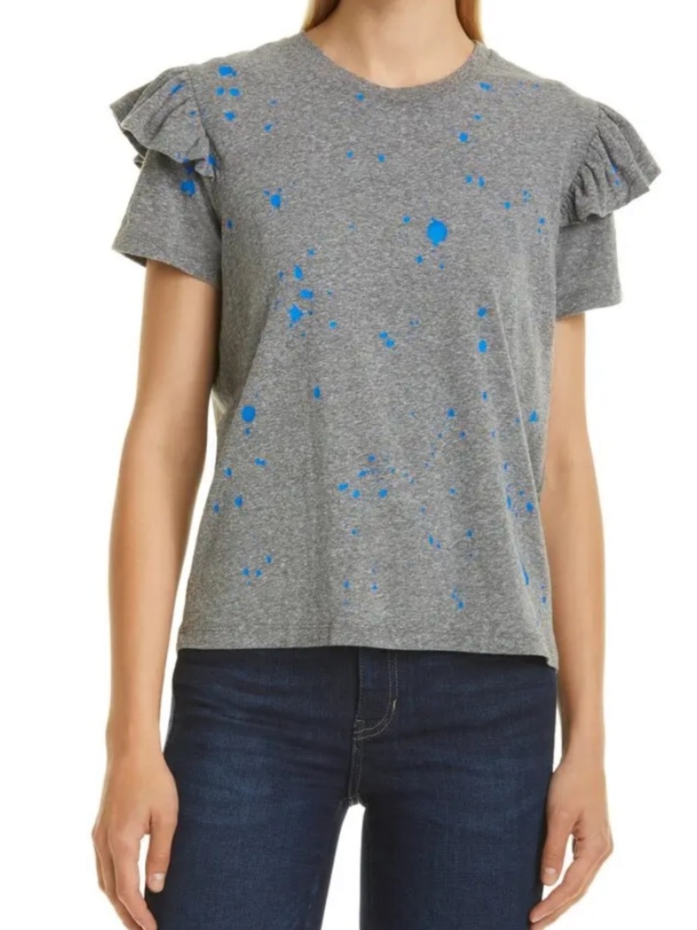 Clare V Gray Short Sleeve Ruffle Tee with Coral Splatter Paint NWOT size small